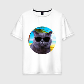 Женская футболка хлопок Oversize с принтом Котэ на пляже в Новосибирске, 100% хлопок | свободный крой, круглый ворот, спущенный рукав, длина до линии бедер
 | кот | котэ | лето | мем | очки | пальма | пляж | солнце
