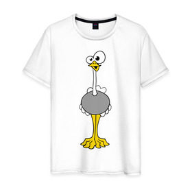 Мужская футболка хлопок с принтом Страус в Новосибирске, 100% хлопок | прямой крой, круглый вырез горловины, длина до линии бедер, слегка спущенное плечо. | бешеный | веселый | длинный | птица | смешной | странный | страус | сумасшедший | упоротый | чокнутый | эму