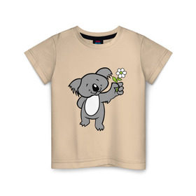 Детская футболка хлопок с принтом Коала с цветком в Новосибирске, 100% хлопок | круглый вырез горловины, полуприлегающий силуэт, длина до линии бедер | Тематика изображения на принте: дарить | животные | застенчивая | коала | милая | подарок | прикольные | стесняться | цветок