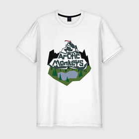 Мужская футболка премиум с принтом Arctic monkeys mountain в Новосибирске, 92% хлопок, 8% лайкра | приталенный силуэт, круглый вырез ворота, длина до линии бедра, короткий рукав | Тематика изображения на принте: arctic monkeys