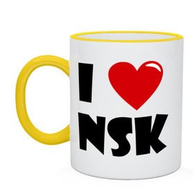 Кружка двухцветная с принтом I LOVE NSK в Новосибирске, керамика | объем — 330 мл, диаметр — 80 мм. Цветная ручка и кайма сверху, в некоторых цветах — вся внутренняя часть | новосибирск | нск | россия | сибирь | я люблю.