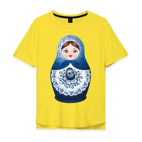 Мужская футболка хлопок Oversize с принтом Матрешка Гжель в Новосибирске, 100% хлопок | свободный крой, круглый ворот, “спинка” длиннее передней части | Тематика изображения на принте: русь