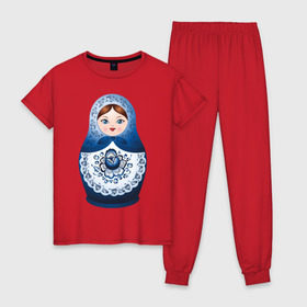 Женская пижама хлопок с принтом Матрешка Гжель в Новосибирске, 100% хлопок | брюки и футболка прямого кроя, без карманов, на брюках мягкая резинка на поясе и по низу штанин | русь