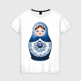 Женская футболка хлопок с принтом Матрешка Гжель в Новосибирске, 100% хлопок | прямой крой, круглый вырез горловины, длина до линии бедер, слегка спущенное плечо | Тематика изображения на принте: русь