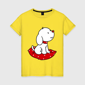 Женская футболка хлопок с принтом Собачка на подушке в Новосибирске, 100% хлопок | прямой крой, круглый вырез горловины, длина до линии бедер, слегка спущенное плечо | милый | пес | подушка | собака | щенок