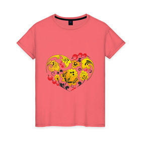 Женская футболка хлопок с принтом Сердце России в Новосибирске, 100% хлопок | прямой крой, круглый вырез горловины, длина до линии бедер, слегка спущенное плечо | роспись | россия | русский | сердце | хохлома