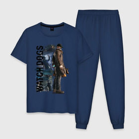 Мужская пижама хлопок с принтом Watch Dogs (Aiden Pierce) в Новосибирске, 100% хлопок | брюки и футболка прямого кроя, без карманов, на брюках мягкая резинка на поясе и по низу штанин
 | aiden | dog | pierce | watch | пирс | эйден
