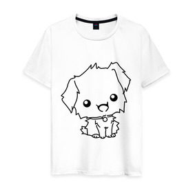 Мужская футболка хлопок с принтом Милый песик в Новосибирске, 100% хлопок | прямой крой, круглый вырез горловины, длина до линии бедер, слегка спущенное плечо. | Тематика изображения на принте: маленький | милый | пес | пушистый | собака | щенок