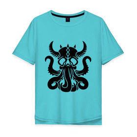 Мужская футболка хлопок Oversize с принтом Морской демон в Новосибирске, 100% хлопок | свободный крой, круглый ворот, “спинка” длиннее передней части | демон | ктулху | море | океан | рога | тентакль