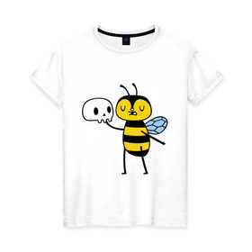Женская футболка хлопок с принтом Пчелка Гамлет в Новосибирске, 100% хлопок | прямой крой, круглый вырез горловины, длина до линии бедер, слегка спущенное плечо | Тематика изображения на принте: быть | вопрос | гамлет | не быть | пчела | череп | шекспир