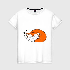 Женская футболка хлопок с принтом Спящий лисёнок в Новосибирске, 100% хлопок | прямой крой, круглый вырез горловины, длина до линии бедер, слегка спущенное плечо | Тематика изображения на принте: лиса