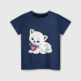 Детская футболка хлопок с принтом Белая кошечка в Новосибирске, 100% хлопок | круглый вырез горловины, полуприлегающий силуэт, длина до линии бедер | kiss | kiss me | киса | киска | котейка | котенок | котя | кошечка | кошка | лапочка
