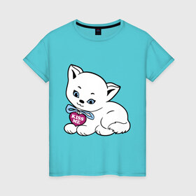 Женская футболка хлопок с принтом Белая кошечка в Новосибирске, 100% хлопок | прямой крой, круглый вырез горловины, длина до линии бедер, слегка спущенное плечо | kiss | kiss me | киса | киска | котейка | котенок | котя | кошечка | кошка | лапочка