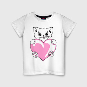 Детская футболка хлопок с принтом Котеночек с сердечком в Новосибирске, 100% хлопок | круглый вырез горловины, полуприлегающий силуэт, длина до линии бедер | киса | киска | котейка | котенок | котя | кошечка | кошка | лапочка | сердечко | сердце