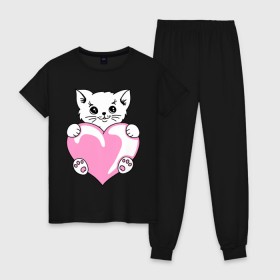 Женская пижама хлопок с принтом Котеночек с сердечком в Новосибирске, 100% хлопок | брюки и футболка прямого кроя, без карманов, на брюках мягкая резинка на поясе и по низу штанин | киса | киска | котейка | котенок | котя | кошечка | кошка | лапочка | сердечко | сердце