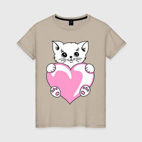 Женская футболка хлопок с принтом Котеночек с сердечком в Новосибирске, 100% хлопок | прямой крой, круглый вырез горловины, длина до линии бедер, слегка спущенное плечо | киса | киска | котейка | котенок | котя | кошечка | кошка | лапочка | сердечко | сердце