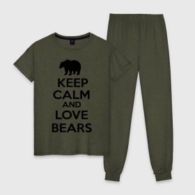 Женская пижама хлопок с принтом Keep calm and love bears в Новосибирске, 100% хлопок | брюки и футболка прямого кроя, без карманов, на брюках мягкая резинка на поясе и по низу штанин | Тематика изображения на принте: bear | calm | keep | love | любовь | медведь | сохранять | спокойствие