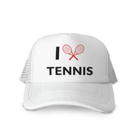 Кепка тракер с сеткой с принтом I Love Tennis в Новосибирске, трикотажное полотно; задняя часть — сетка | длинный козырек, универсальный размер, пластиковая застежка | Тематика изображения на принте: ракетка | тенис | теннис | теннисист