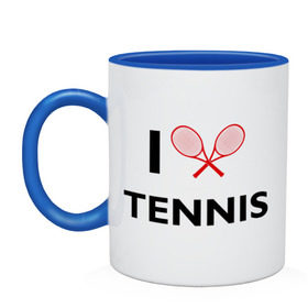 Кружка двухцветная с принтом I Love Tennis в Новосибирске, керамика | объем — 330 мл, диаметр — 80 мм. Цветная ручка и кайма сверху, в некоторых цветах — вся внутренняя часть | ракетка | тенис | теннис | теннисист