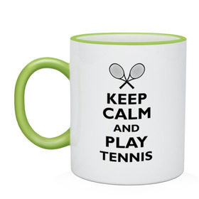 Кружка двухцветная с принтом Play tennis в Новосибирске, керамика | объем — 330 мл, диаметр — 80 мм. Цветная ручка и кайма сверху, в некоторых цветах — вся внутренняя часть | Тематика изображения на принте: ракетка | тенис | теннис | теннисист