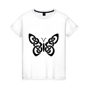 Женская футболка хлопок с принтом Бабочка из кельтского узора в Новосибирске, 100% хлопок | прямой крой, круглый вырез горловины, длина до линии бедер, слегка спущенное плечо | Тематика изображения на принте: бабочка