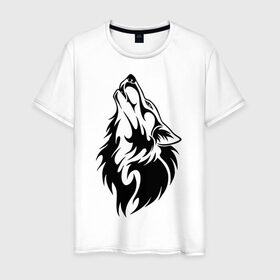 Мужская футболка хлопок с принтом Воющий волк в Новосибирске, 100% хлопок | прямой крой, круглый вырез горловины, длина до линии бедер, слегка спущенное плечо. | воет | вой | волк | голова
