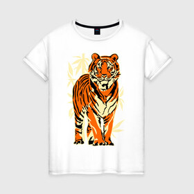 Женская футболка хлопок с принтом Тигр в Новосибирске, 100% хлопок | прямой крой, круглый вырез горловины, длина до линии бедер, слегка спущенное плечо | tiger | бамбук | тигр | хищник