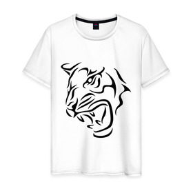 Мужская футболка хлопок с принтом Тату голова тигра в Новосибирске, 100% хлопок | прямой крой, круглый вырез горловины, длина до линии бедер, слегка спущенное плечо. | Тематика изображения на принте: голова | тату | тигр
