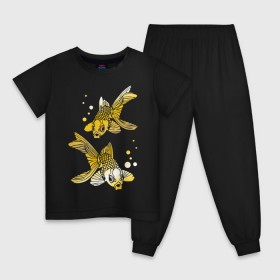 Детская пижама хлопок с принтом Золотые рыбки в Новосибирске, 100% хлопок |  брюки и футболка прямого кроя, без карманов, на брюках мягкая резинка на поясе и по низу штанин
 | две | золото | пара | рыбки