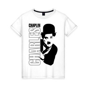 Женская футболка хлопок с принтом Чарльз Чаплин в Новосибирске, 100% хлопок | прямой крой, круглый вырез горловины, длина до линии бедер, слегка спущенное плечо | кино | котелок | чаплин | чарли