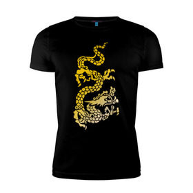 Мужская футболка премиум с принтом Золотой дракон в Новосибирске, 92% хлопок, 8% лайкра | приталенный силуэт, круглый вырез ворота, длина до линии бедра, короткий рукав | дракон | золотой | китайский | тату