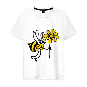 Мужская футболка хлопок с принтом Пчела с цветочком в Новосибирске, 100% хлопок | прямой крой, круглый вырез горловины, длина до линии бедер, слегка спущенное плечо. | Тематика изображения на принте: оса | пчела | цветок | шмель