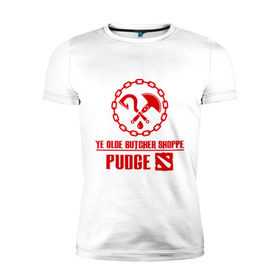 Мужская футболка премиум с принтом Hook Pudge Dota2 в Новосибирске, 92% хлопок, 8% лайкра | приталенный силуэт, круглый вырез ворота, длина до линии бедра, короткий рукав | butcher | chain | dota | hook | pudgee | shoppe | дота | крюк | мясник | пудж | цепь