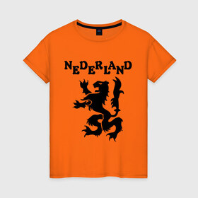 Женская футболка хлопок с принтом Сборная Голландии по Футболу в Новосибирске, 100% хлопок | прямой крой, круглый вырез горловины, длина до линии бедер, слегка спущенное плечо | nederland | герб | голландия | нидерланды | сборная | символ | футбол