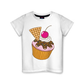 Детская футболка хлопок с принтом Кекс с вишней в Новосибирске, 100% хлопок | круглый вырез горловины, полуприлегающий силуэт, длина до линии бедер | вафля | вишенка | выпечка | для девшек | еда | кекс | кексик | маффин | рисунок