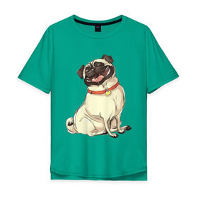 Мужская футболка хлопок Oversize с принтом Радостный мопс в Новосибирске, 100% хлопок | свободный крой, круглый ворот, “спинка” длиннее передней части | Тематика изображения на принте: милый | мопс | пес | радостная | собака