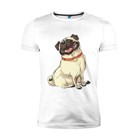 Мужская футболка премиум с принтом Радостный мопс в Новосибирске, 92% хлопок, 8% лайкра | приталенный силуэт, круглый вырез ворота, длина до линии бедра, короткий рукав | милый | мопс | пес | радостная | собака