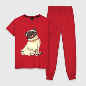Женская пижама хлопок с принтом Радостный мопс в Новосибирске, 100% хлопок | брюки и футболка прямого кроя, без карманов, на брюках мягкая резинка на поясе и по низу штанин | Тематика изображения на принте: милый | мопс | пес | радостная | собака