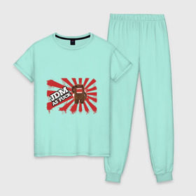 Женская пижама хлопок с принтом DOMO-JDM в Новосибирске, 100% хлопок | брюки и футболка прямого кроя, без карманов, на брюках мягкая резинка на поясе и по низу штанин | domo kun | jdm | street racing | style | автотюнинг | домо кун | домокун | японские авто