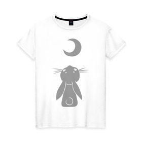 Женская футболка хлопок с принтом Зайчик смотрит на луну в Новосибирске, 100% хлопок | прямой крой, круглый вырез горловины, длина до линии бедер, слегка спущенное плечо | зайчик | заяц | кролик | луна | месяц | полумесяц
