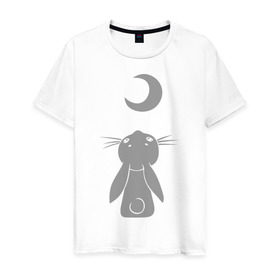 Мужская футболка хлопок с принтом Зайчик смотрит на луну в Новосибирске, 100% хлопок | прямой крой, круглый вырез горловины, длина до линии бедер, слегка спущенное плечо. | зайчик | заяц | кролик | луна | месяц | полумесяц
