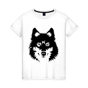 Женская футболка хлопок с принтом Северный волк в Новосибирске, 100% хлопок | прямой крой, круглый вырез горловины, длина до линии бедер, слегка спущенное плечо | волк | голова | север