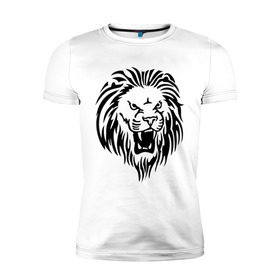 Мужская футболка премиум с принтом Голова льва тату в Новосибирске, 92% хлопок, 8% лайкра | приталенный силуэт, круглый вырез ворота, длина до линии бедра, короткий рукав | голова | лев | тату | хищник