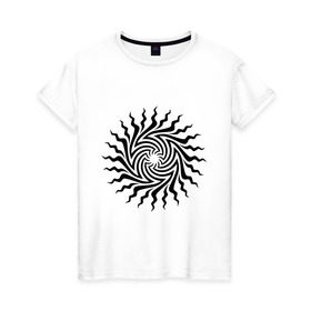 Женская футболка хлопок с принтом Психоделическое солнце в Новосибирске, 100% хлопок | прямой крой, круглый вырез горловины, длина до линии бедер, слегка спущенное плечо | извиваться | изогнутое | кривое | лучи | психодел | солнце