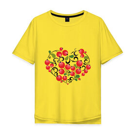 Мужская футболка хлопок Oversize с принтом Сердце России с красными ягодами в Новосибирске, 100% хлопок | свободный крой, круглый ворот, “спинка” длиннее передней части | Тематика изображения на принте: костяника | красные | россия | рябина | сердце | ягоды