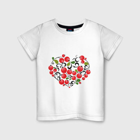 Детская футболка хлопок с принтом Сердце России с красными ягодами в Новосибирске, 100% хлопок | круглый вырез горловины, полуприлегающий силуэт, длина до линии бедер | Тематика изображения на принте: костяника | красные | россия | рябина | сердце | ягоды