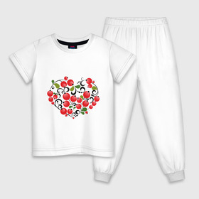 Детская пижама хлопок с принтом Сердце России с красными ягодами в Новосибирске, 100% хлопок |  брюки и футболка прямого кроя, без карманов, на брюках мягкая резинка на поясе и по низу штанин
 | Тематика изображения на принте: костяника | красные | россия | рябина | сердце | ягоды