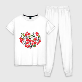 Женская пижама хлопок с принтом Сердце России с красными ягодами в Новосибирске, 100% хлопок | брюки и футболка прямого кроя, без карманов, на брюках мягкая резинка на поясе и по низу штанин | Тематика изображения на принте: костяника | красные | россия | рябина | сердце | ягоды