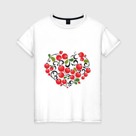 Женская футболка хлопок с принтом Сердце России с красными ягодами в Новосибирске, 100% хлопок | прямой крой, круглый вырез горловины, длина до линии бедер, слегка спущенное плечо | Тематика изображения на принте: костяника | красные | россия | рябина | сердце | ягоды