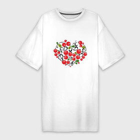 Платье-футболка хлопок с принтом Сердце России с красными ягодами в Новосибирске,  |  | Тематика изображения на принте: костяника | красные | россия | рябина | сердце | ягоды